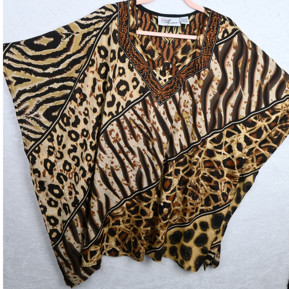 EY Signature Poncho Top Womens One Size Brown Mixed Animal Print Studded V-Neck